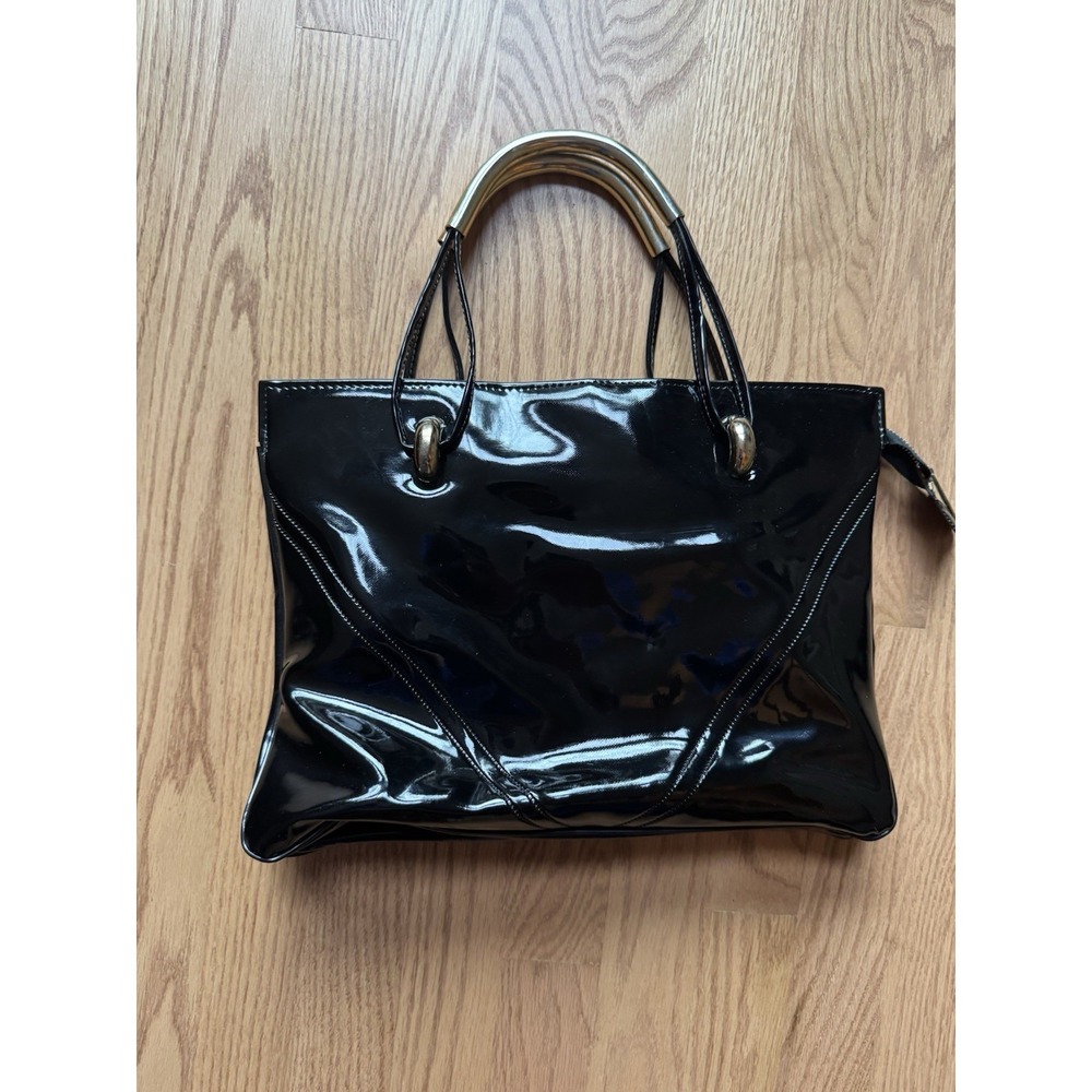 Vintage Black Glossy‎ Purse Gold Bar Handle Y2K Patent Look Handbag